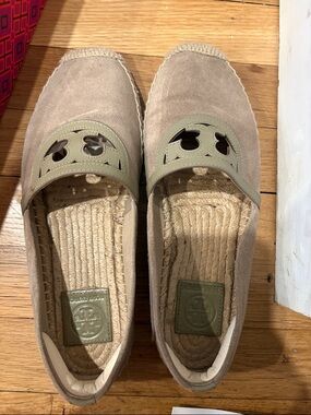 Tory Burch Sidney Taupe Suede Espadrille Flats with Olive Logo Trim